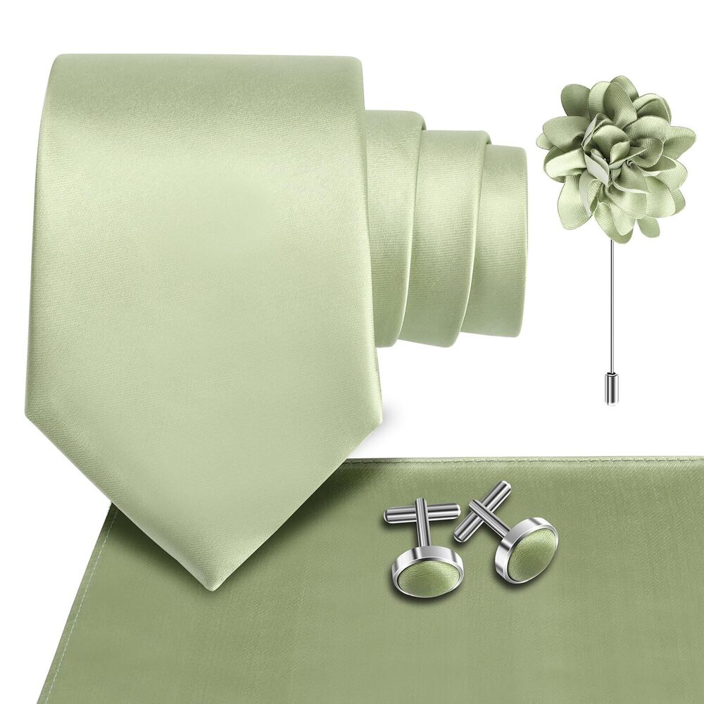 8102 Sage GreenTie Wedding Solid Satin Silk Light Green Necktie Pocket